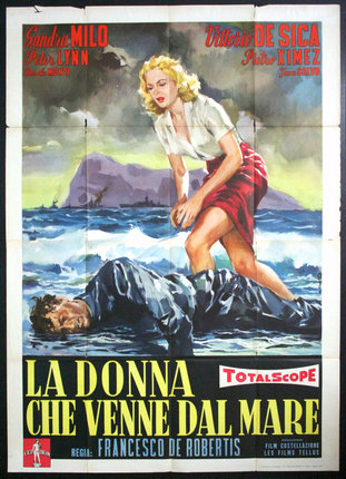a movie poster of a woman standing on a man lying on the water