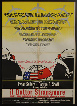 movie poster with cartoon of two men separated by a globe both on red phones. their backs are turned to us and the are planes in the sky