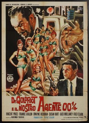 movie poster with many woman standing on a stairway wearing bikinis and a looming man above them and a man with a gun below them