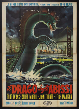 a poster of a monster with coming out of the sea and bridge and city are in the background
