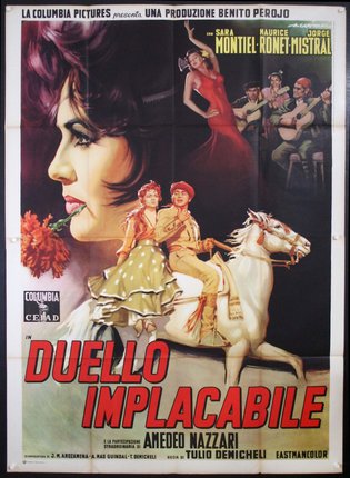 a movie poster with a man and woman riding a horse
