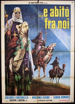 a poster of a man riding camels