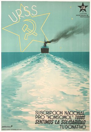 a poster of a ship sailing in the ocean
