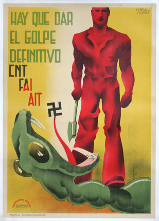 a poster of a man with a shovel and a snake