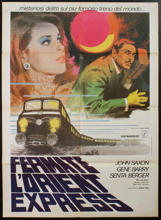 a movie poster with a man, a woman, and a train