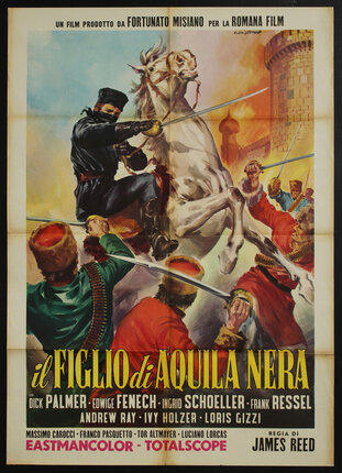 a poster of a masked man on a horse battling others with swords