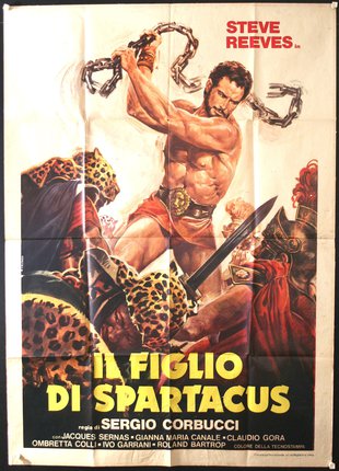 a poster of a man holding a chain and a sword