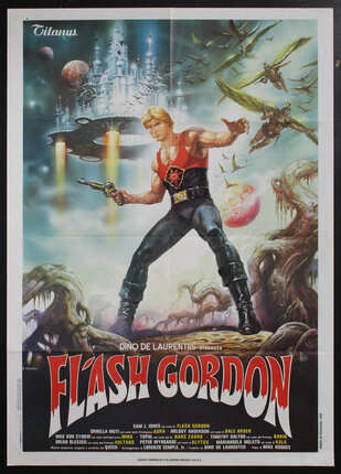 a movie poster of a man holding guns with a surreal space scene surrounding him