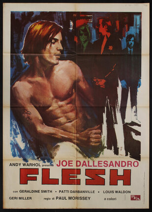 movie poster of a nude man from the waist up with people behind him