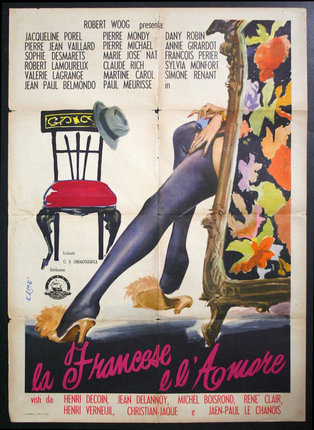 a poster of a woman's leg leaning on a chair