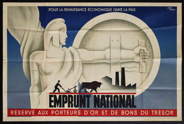 a blue and white poster with a man pushing a cart