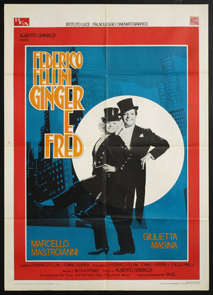 movie poster with two people in tuxedoes and top hats dancing in front of buildings and a full moon