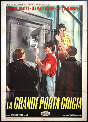 a poster of men looking at a door