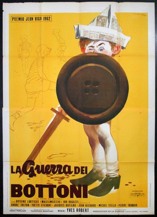 a poster of a child holding a large button