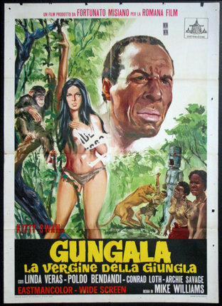 a movie poster with a man in a garment and other people in the jungle