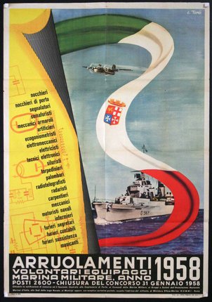 a poster of a military ship and a plane