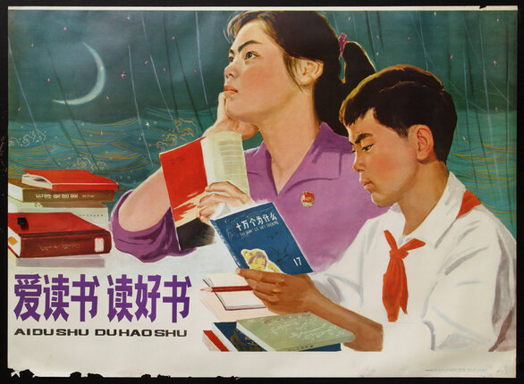 a poster of a woman and a boy reading books