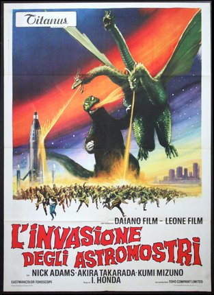 a movie poster with a dragon fighting a giant monster