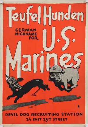 a poster with a dog and a soldier running