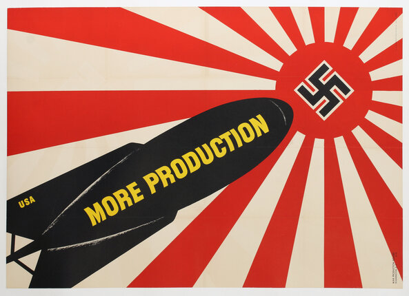 a black bomb with yellow text on it heading toward a swastika and rising sun logo