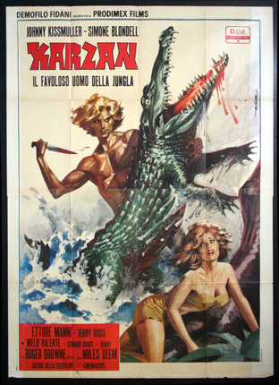 a movie poster of a man and a woman fighting a crocodile