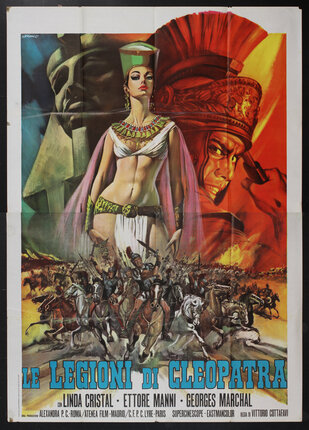 movie poster of a woman with a headress in a sexy garment and a battle on horses below her