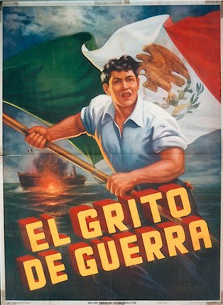 a man holding a flag and a ship in the background