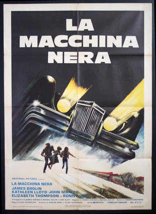 a movie poster with a car and people running