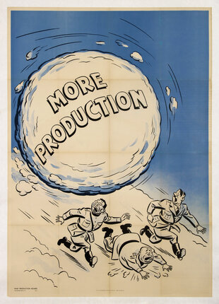 a poster of a cartoon of three caricatures of Hirohito, Benito Mussolini, and Adolf Hitler, running away from a large down-hill rolling snowball with the text 