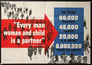 a poster with a red and blue arrow and people walking