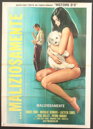 a poster of a woman holding a dog