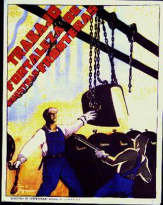 a poster of a man holding a large bell