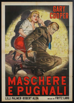 a movie poster of a man and a woman crouching against a wall caught in a spotlight. the man has a gun.