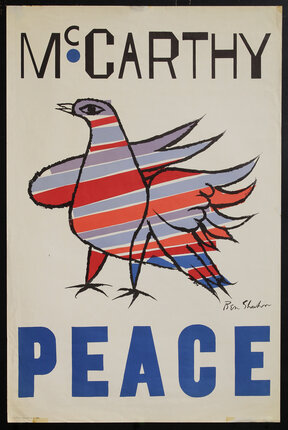 a poster with a striped dove and text that reades 