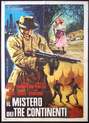 a movie poster with a man holding a gun and a woman running