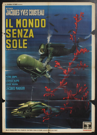 a poster of a diver holding a large underwater camera