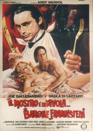 a movie poster of a man holding a fork and a woman lying down
