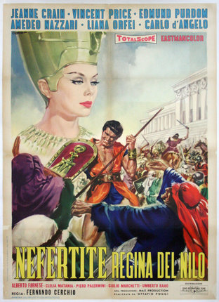 a poster of a woman with a spear and a man in a robe