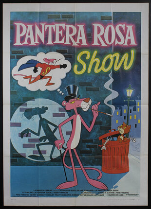 a poster with a cartoon pink panther hanging out in an alley way smoking a cigarette in a long holder and wearing a top hat. a cartoon 