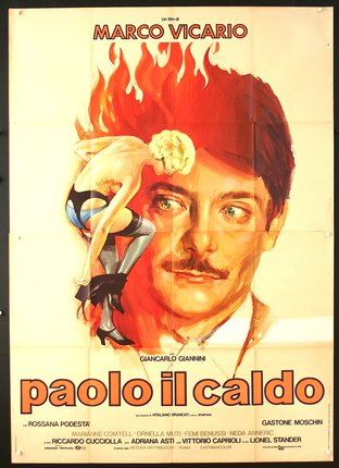 a poster of a man with a mustache and a woman on fire