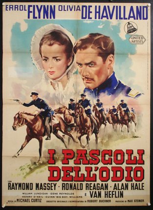 a movie poster with a couple of people on horses