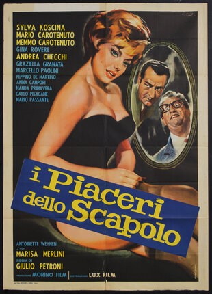a movie poster with a seated woman in a black bustier and two men reflected in a mirror