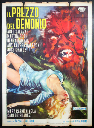 a poster of a woman lying on her back with a red monster