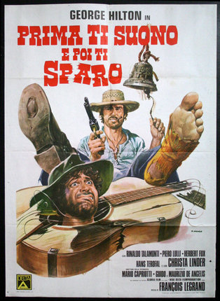 a movie poster with a man holding a bell and a guitar