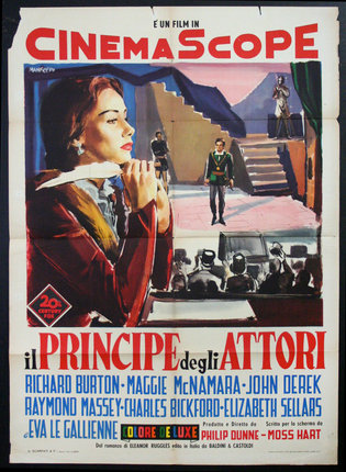 a movie poster with a woman with a feather quill in her hand and a man in the background on a stage