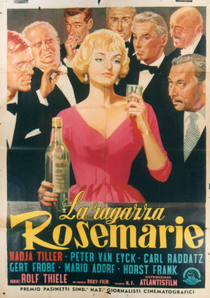 a poster of a woman holding a bottle and a bottle of alcohol