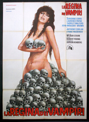 a poster of a woman with a pile of skulls