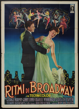 a poster of a man and woman dancing with a city skyline behind them and revelers in the sky