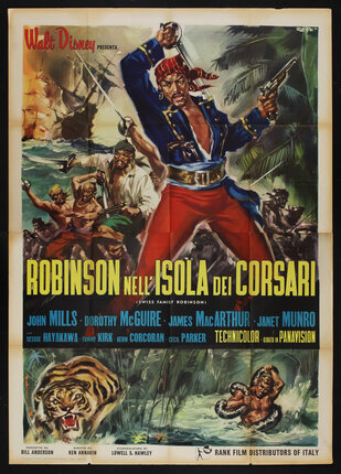 a poster of a pirate being chased a ship on fire in the background, and a tiger and a man fighting a python at the bottom