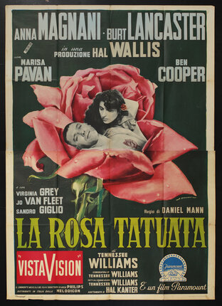 a movie poster with a man and woman collaged into the petals of a rose head.
